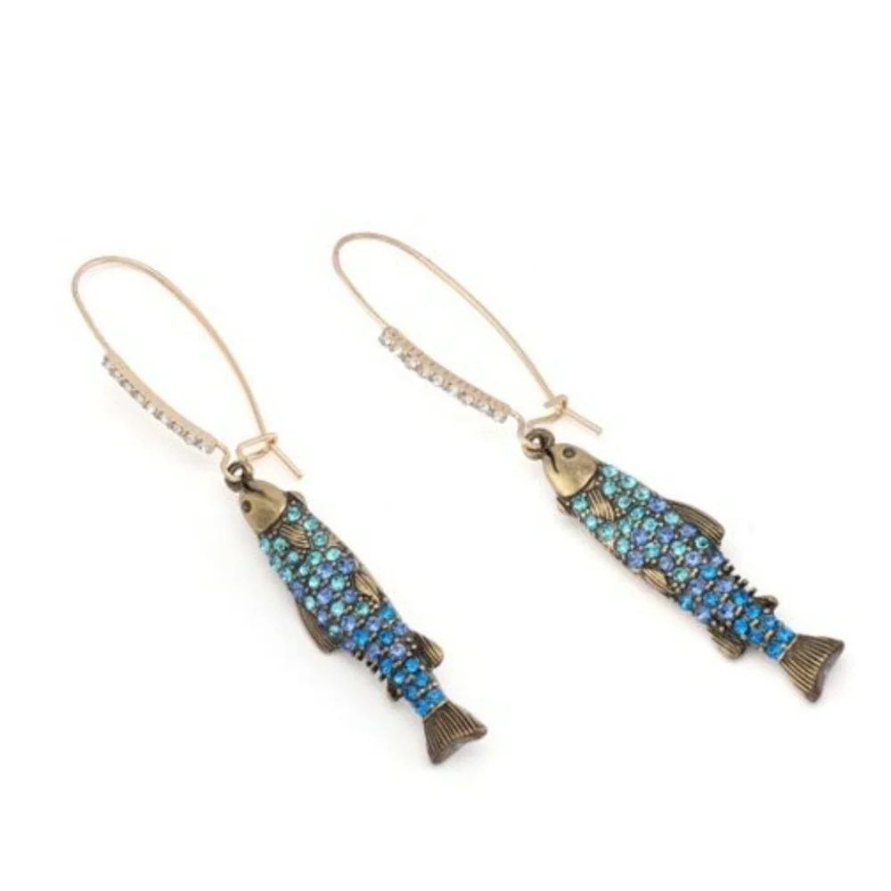 🐟▪️BETSEY JOHNSON▪️ Crystal Sardine Fish Dangle Earrings NEW